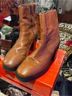 ASOS Tan Leather Mid-Calf Heeled Boots